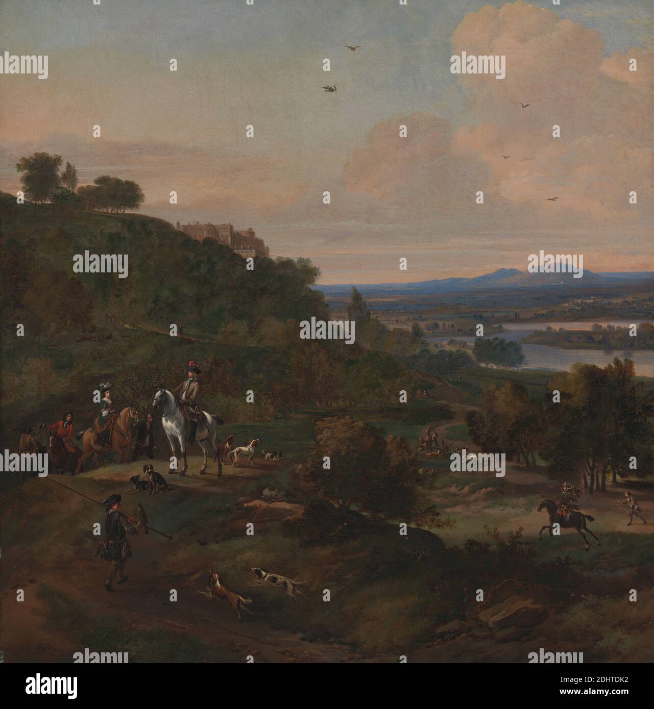 Heron Hawking au-dessous du château de Stirling, Jan Wyck, CA. 1645–1700, néerlandais, actif en Grande-Bretagne (de env. 1664), env. 1690, huile sur toile, support (PTG): 24 1/2 × 24 1/8 pouces (62.2 × 61.3 cm), oiseaux, arc (arme), château, nuages, manteau, mort, chiens (animaux), faucon, collines, chevaux (animaux), chounds (chiens), chasseurs, chasse, île, lac, hommes, montagnes, fête, ruban, bottes d'équitation, ciel d'équitation, rivière, course, art, sportifs, port, sport, sabre Ville, arbres, vue, femme, Forth, Ecosse, Stirling, Château de Stirling, Royaume-Uni Banque D'Images