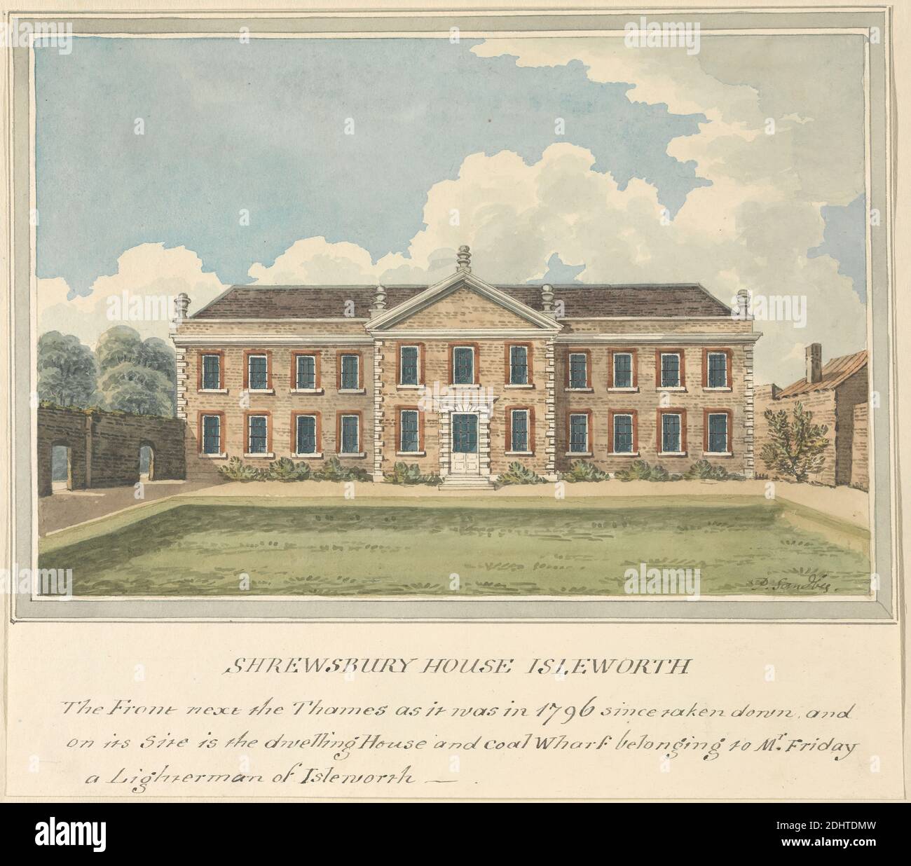 Shrewsbury House, Isleworth, Middlesex, Charles Tomkins, 1757–1823, British, non daté, stylo et encre noire et aquarelle sur papier vélin blanc, légèrement texturé, feuille: 7 1/2 × 8 5/8 pouces (19.1 × 21.9 cm), sujet architectural, vue extérieure, maison, Angleterre, Europe, Grand Londres, Isleworth, Royaume-Uni Banque D'Images