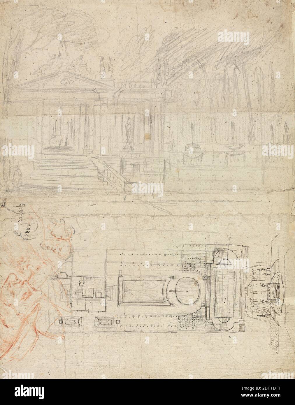 Études, avec des jardins, peut-être pour une maison de famille Talman, Verso par John Talman, 1677–1726, British, Recto : Imprimé par Adriaen Frans Boudewyns, 1644–1711, flamand, d'après Abraham Genoels, baptisé 1640, décédé en 1723, flamand, publié par Adam Francois van der Meulen, 1631 ou 1632–1690, flamand, actif en France, publié par Gerard Jean Baptiste Scopin, 1671–1716, non daté, graphite, stylo et encre noire, et craie rouge; (Verso) gravure de ligne sur papier épais, texturé, crème, feuille: 22 3/4 x 17 1/2 pouces (57.8 x 44.5 cm), sujet architectural, maison de campagne, jardin, Italianate, paysage Banque D'Images