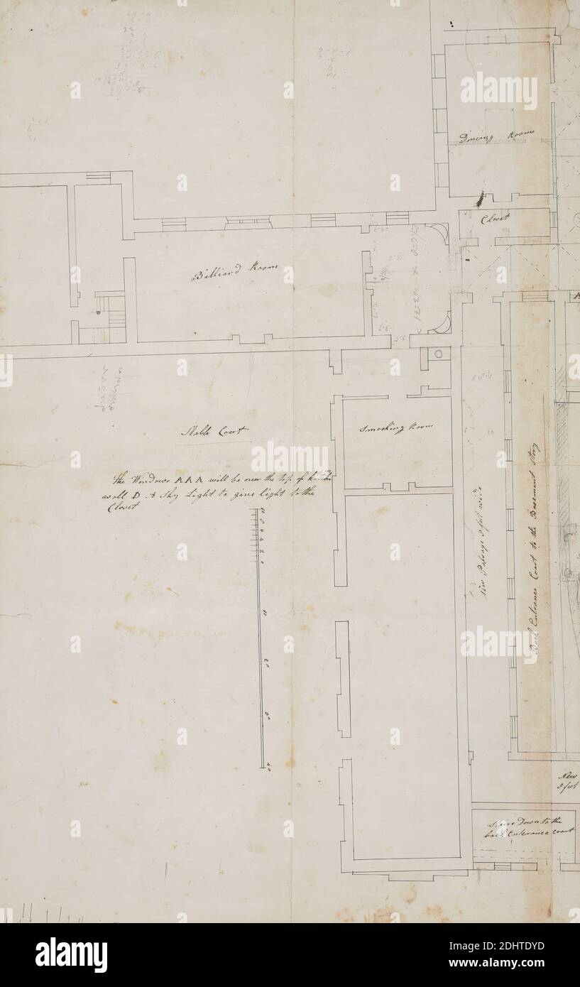 Écuries à Hinton St. George, Somerset : Plan, James Wyatt, 1746–1813, British, non daté, Pink Wash on graphite, stylo et encre brune et noire sur papier crème moyen, modérément texturé, avec deux marques de pliure, feuille : 22 3/8 × 14 1/4 pouces (56.8 × 36.2 cm), sujet architectural, sous-sol, salles de billard, placard, salle à manger, plans (dessins), puits de lumière, stable Banque D'Images