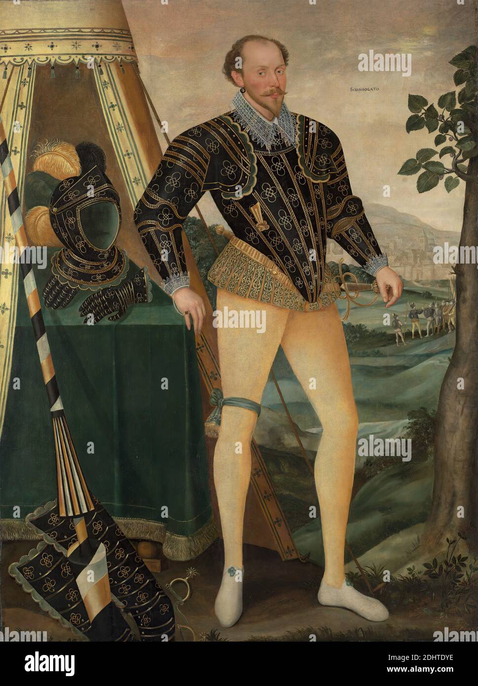 Sir William Drury, de Hawstead, Suffolk (1550–1590), Daniël van den Queborne, 1552/1557–1602/1605, Néerlandais, 1587, huile sur toile, support (PTG) : 93 3/4 x 61 1/2 pouces (238.1 x 156.2 cm), inclinaisons du jour d'adhésion, armure, brocart, compétition, costume, boucles d'oreilles, plumes, jarretières, gants, casques, joutes, joutes, dentelle, lance, paysage, homme, art militaire, camp militaire, portrait, éperon, étriers, bas, tente, tentes, ville, Tudor Banque D'Images