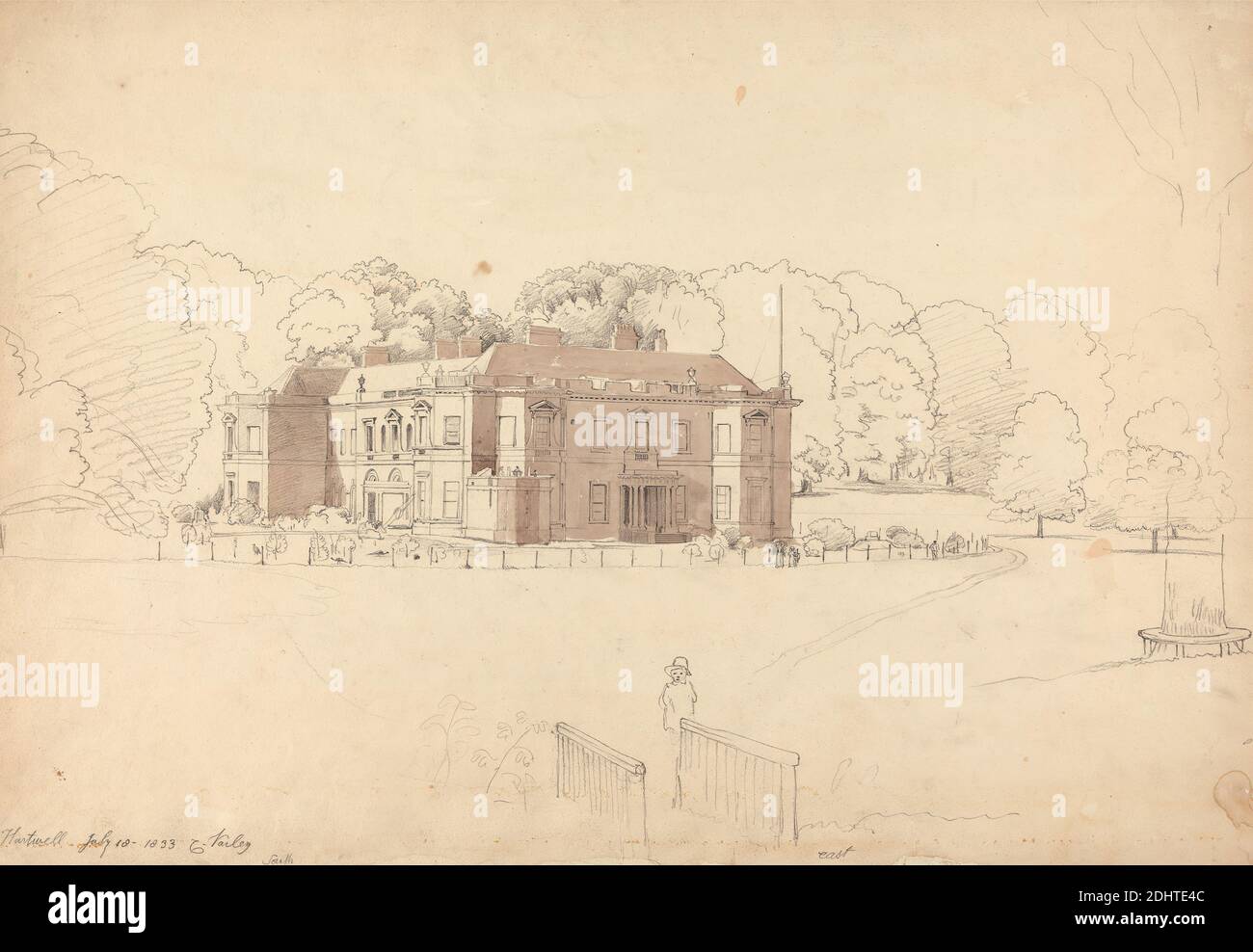 Hartwell, Buckinghamshire, Cornelius Varley, 1781–1873, British, 1833, Brown wash over graphite on medium, légèrement texturé, crème wove paper, Sheet: 14 5/16 x 21 1/16 pouces (36.4 x 53.5 cm), sujet architectural, banc, oiseaux, bonnets, buissons, enfant, colonnes, maison de campagne, clôture, porte, herbe, paysage, parapet, chemins, paon, faisans, arbres, urnes, marche, femmes, Buckinghamshire, Angleterre, Europe, Hartwell, Royaume-Uni Banque D'Images