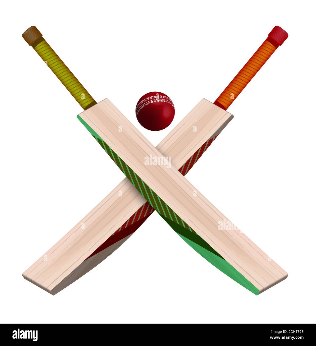 chauves-souris en bois croisé et ballon de cricket rouge en cuir avec un style réaliste sur fond blanc. Sports d'équipe d'été. Vecteur sur fond blanc Illustration de Vecteur
