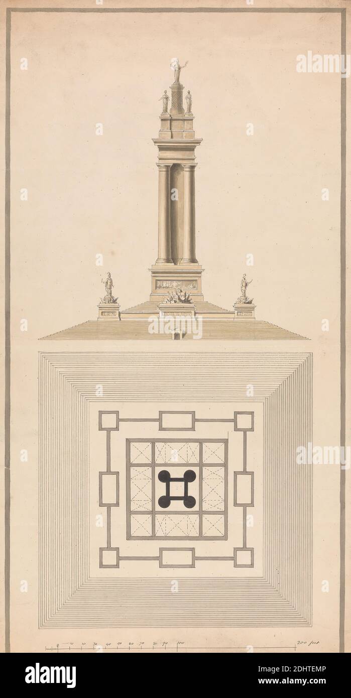 Conception finale pour un monument naval : Plan et élévation, Charles Heathcote Tatham, 1772–1842, British, 1799, Graphite, stylo et encre noire, et aquarelle sur papier vélin légèrement texturé, moyennement épais, blanc avec une barre de repère de pliage échelle de 1/4 pouces à 10 pieds, feuille : 15 × 8 1/8 pouces (38.1 × 20.6 cm), sujet architectural, design, doric, élévation (dessin), monument, néo-classique, plan (dessin Banque D'Images