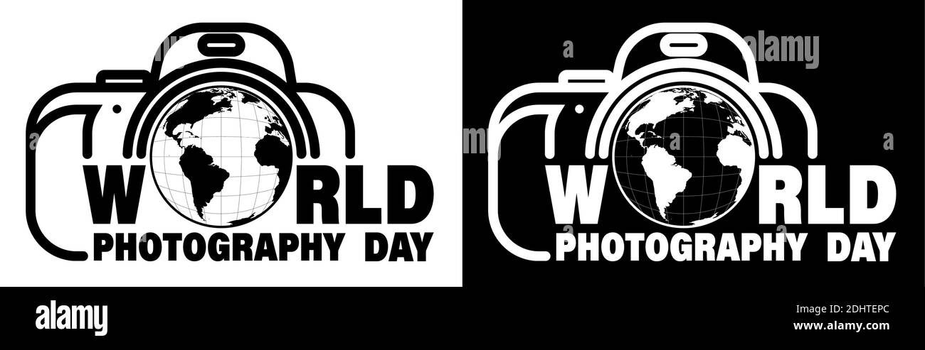 Journée mondiale de la photographie 19 août. Globe dans l'objectif de l'appareil photo. Logo pour impression sur des vêtements et des banderoles. Vecteur noir et blanc Illustration de Vecteur