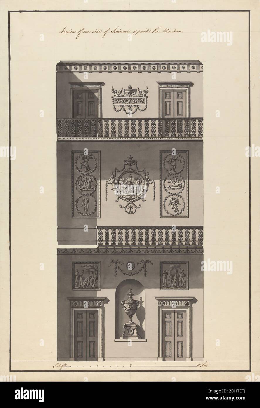 Headfort House, Irlande : section de l'escalier, Robert Adam, 1728–1792, britannique, entre 1771 et 1775, Graphite, gris lavant, stylo et encre noire et marron sur modérément épais, légèrement texturé, crème échelle de papier donnée, feuille : 21 1/4 x 14 5/8 pouces (54 x 37.1 cm), sujet architectural, balustrades, portes, festons, cadres (ameublement), néoclassique, rosettes, sphinx, escaliers, urnes, symboles zodiaque, Headfort House, Irlande, Kells Banque D'Images