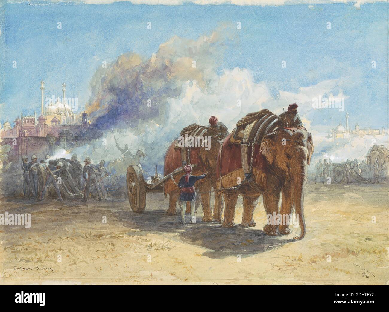 Elephant Battery, William Simpson, 1823–1899, British, 1864, Aquarelle et gouache sur graphite sur papier vélin à texture moyenne, crème, feuille: 10 5/8 x 14 1/4 pouces (27 x 36.2 cm), art des animaux, batteries, canons, conflits, éléphants (animaux), sujet historique, soldats, Inde Banque D'Images