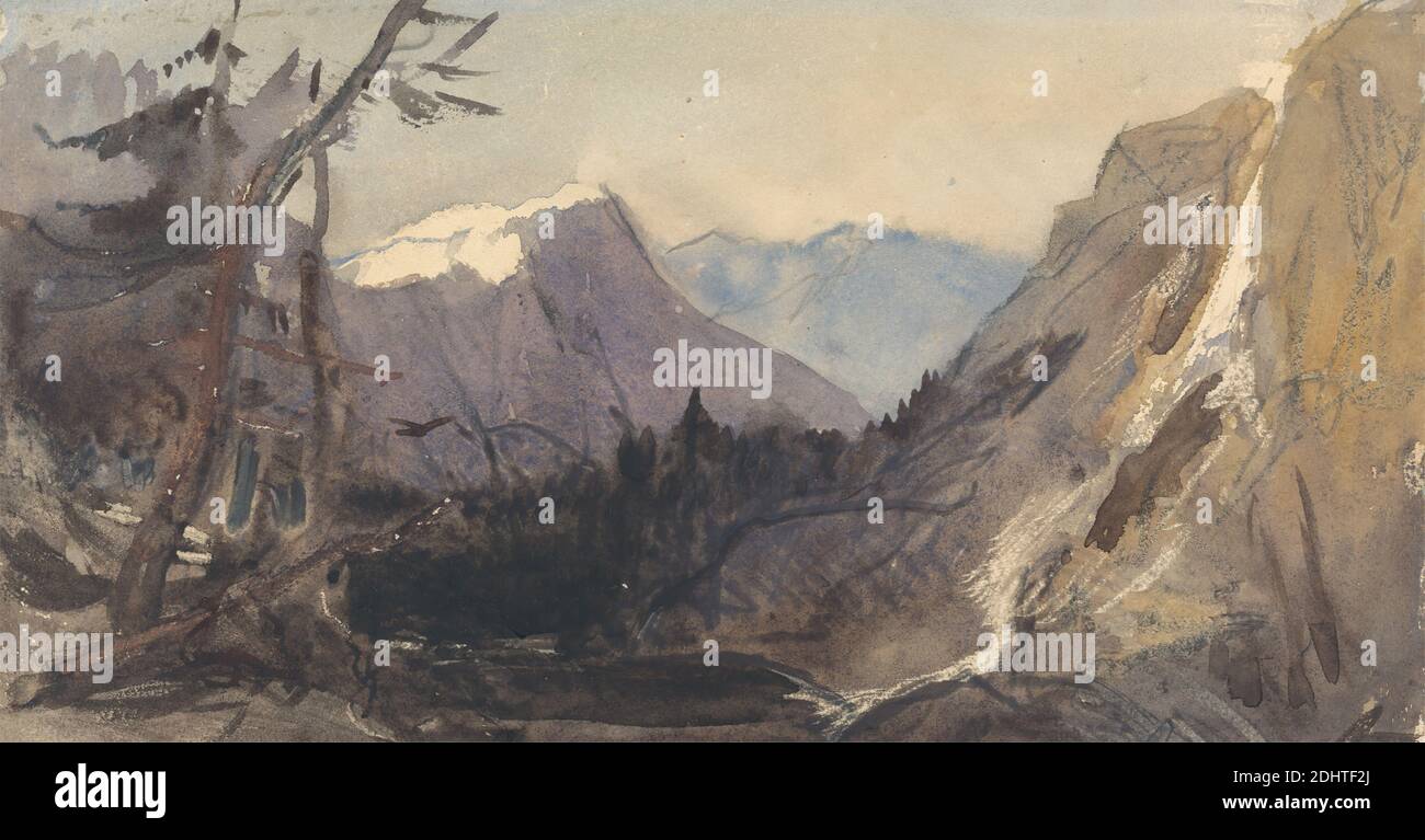 Paysage alpin, peut-être le Cervin, William James Muller, 1812–1845, British, ca. 1834, aquarelle et graphite sur papier moyen, légèrement texturé, crème, feuille: 6 x 11 1/2 pouces (15.2 x 29.2 cm), géologie, paysage, montagnes, science, neige, Alpes, Cervin Banque D'Images