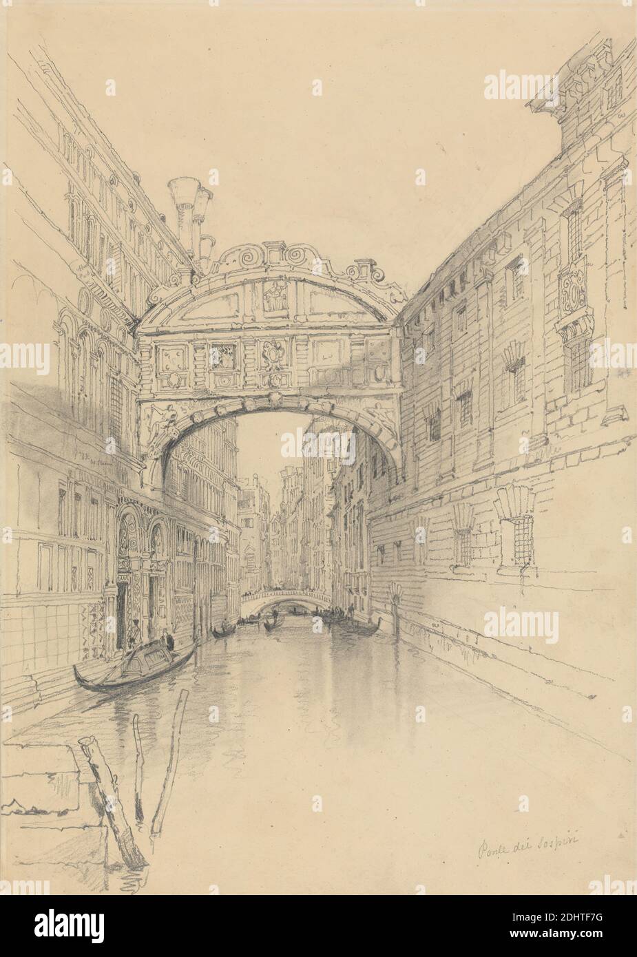 Le pont des Soupirs, Venise, Samuel Prout, 1783–1852, britannique, non daté, graphite avec trébuchement sur papier de vélin crème légèrement texturé, moyennement épais, feuille : 14 5/8 × 10 1/4 pouces (37.1 × 26 cm), sujet architectural, ponts (ouvrages construits), bâtiments, canal, cellules, paysage urbain, institution correctionnelle, gondoles, gondoliers, calcaire, palais, prison, Pont des Soupirs, Palais des Doges, Italie, Piazzetta di San Marco, Piombi, Ponte della Paglia, Rio di Palazzo, San Marco, Vénétie, Venise, Venise Banque D'Images