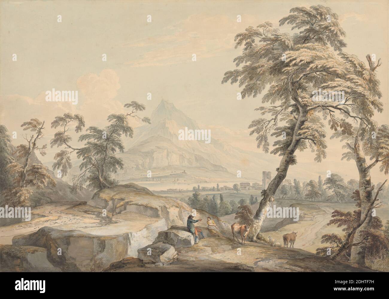 Italianate Landscape with Travelers, no 1, Paul Sandby RA, 1731–1809, British, CA. 1765, aquarelle et gouache sur graphite sur papier couché moyen, crème, légèrement texturé monté sur papier couché épais, crème, modérément texturé, feuille: 14 3/4 x 21 3/16 pouces (37.5 x 53.8 cm) et support: 15 x 21 3/8 pouces (38.1 x 54.3 cm), bovins, vaches, lac, paysage, homme, montagnes, moutons, tour (bâtiment), ville, voyageurs, arbres, femme, Europe, Italie Banque D'Images