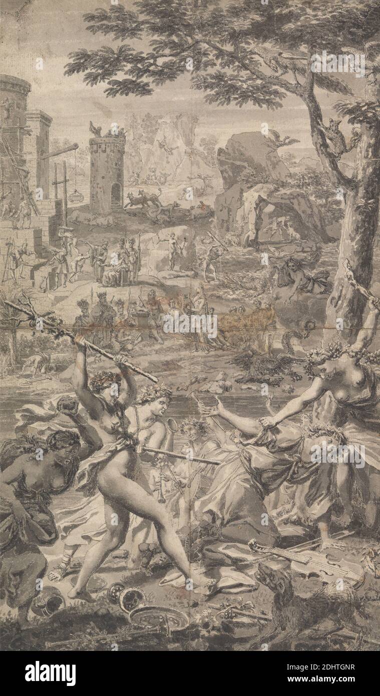 Illustration de l'Ovid Metamorphis de Tonson (quatre sur quatre), artiste inconnu, vers. 1710, stylo, encre noire, et lavage gris sur papier crème moyen, légèrement texturé, feuille : 14 × 8 3/8 pouces (35.6 × 21.3 cm), enterré, chaos, mort, plats, chien, dragon, tambour, combat, goblet, leaders, lyres, maenad(s), hommes, métamorphies, monstres de la mer, musique, sujet religieux et mythologique, personnel, trompettes, violon, femmes, couronnes Banque D'Images