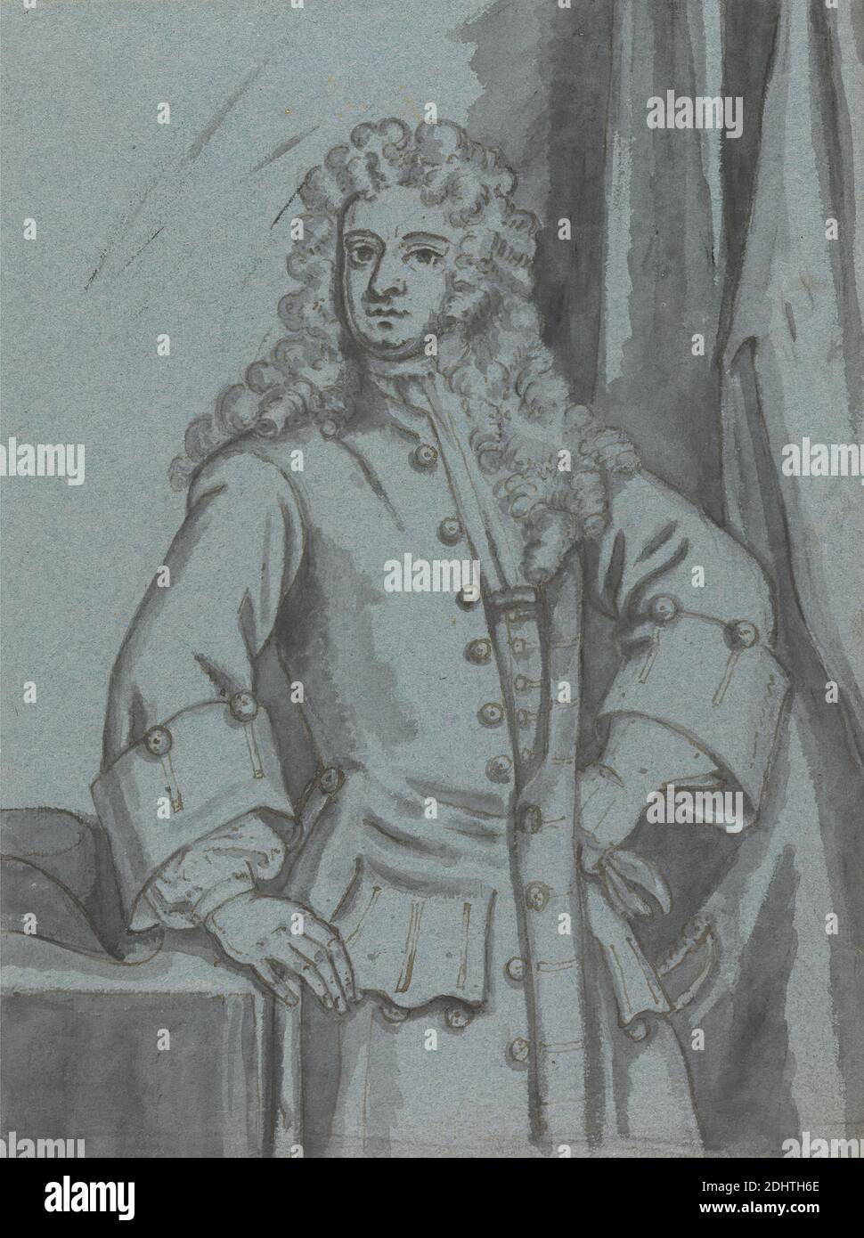 Un gentleman, portant un long manteau boutonné avec de grands poignets, Edward Byng, c. 1676–1753, Britannique, non daté, encre stylo et brune, encre noire, et lavage gris sur papier vélin moyen, légèrement texturé, bleu, feuille: 11 1/4 × 8 1/2 pouces (28.6 × 21.6 cm), portrait Banque D'Images