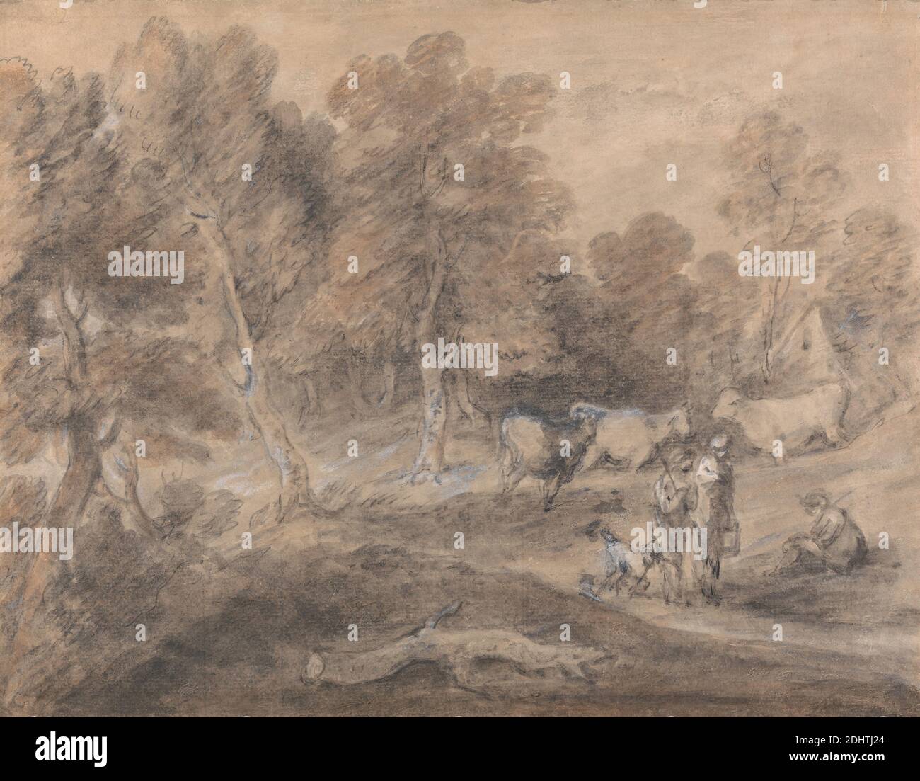 Paysage boisé avec le bétail, les figures et une maison, Charlotte Warren, 18e siècle, britannique, après Thomas Gainsborough RA, 1727–1788, britannique, non daté, lavage brun, lavage gris, lavage noir, graphite, craie noire, stylo et encre noire, et gouache blanc sur papier crème, moyen, légèrement texturé, feuille : 10 1/2 × 34.3 cm (13 1/2 × 26.7 pouces) Banque D'Images