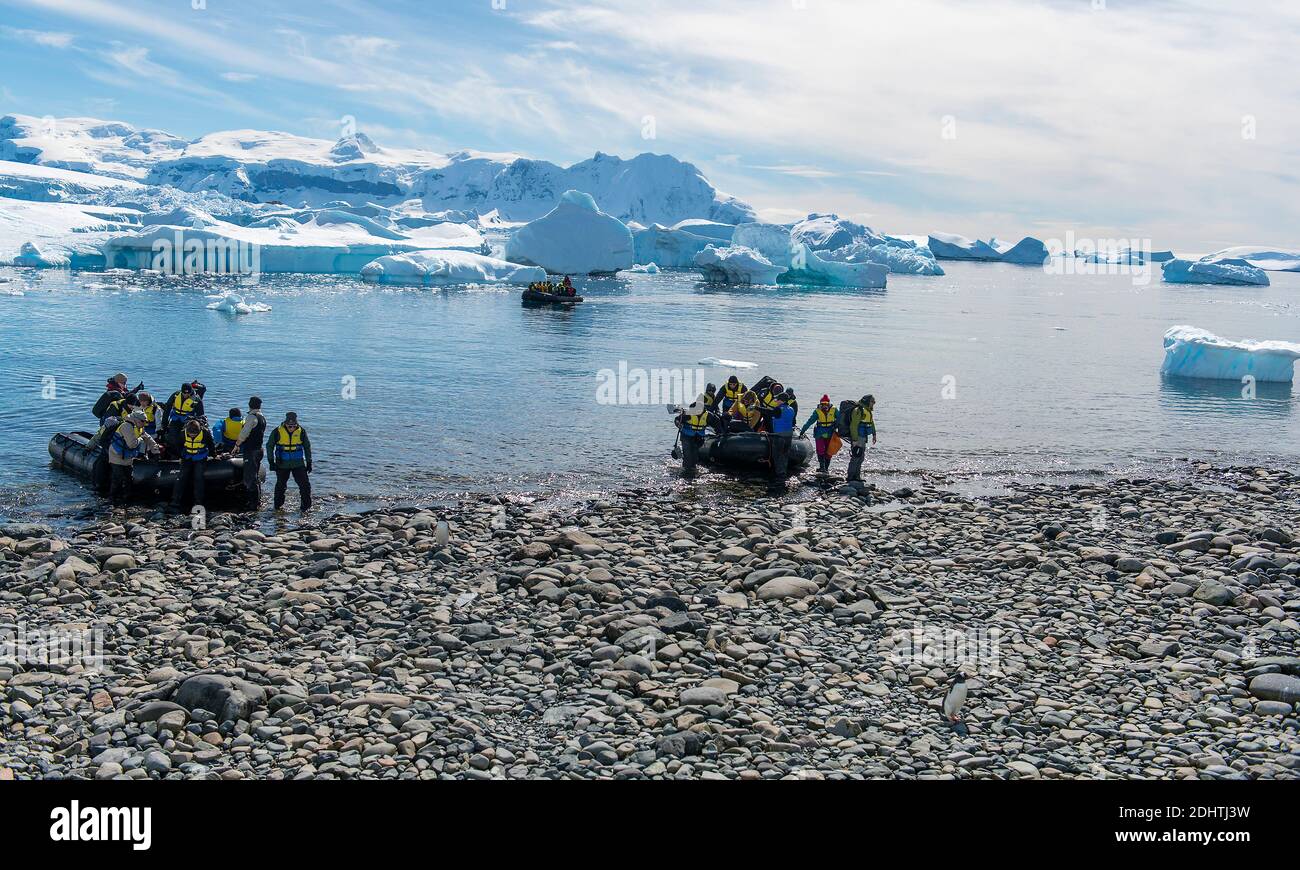 Des écotouristes atterrissent sur l'île Cuverville, dans le chenal Errera, du côté ouest de la péninsule antarctique Banque D'Images