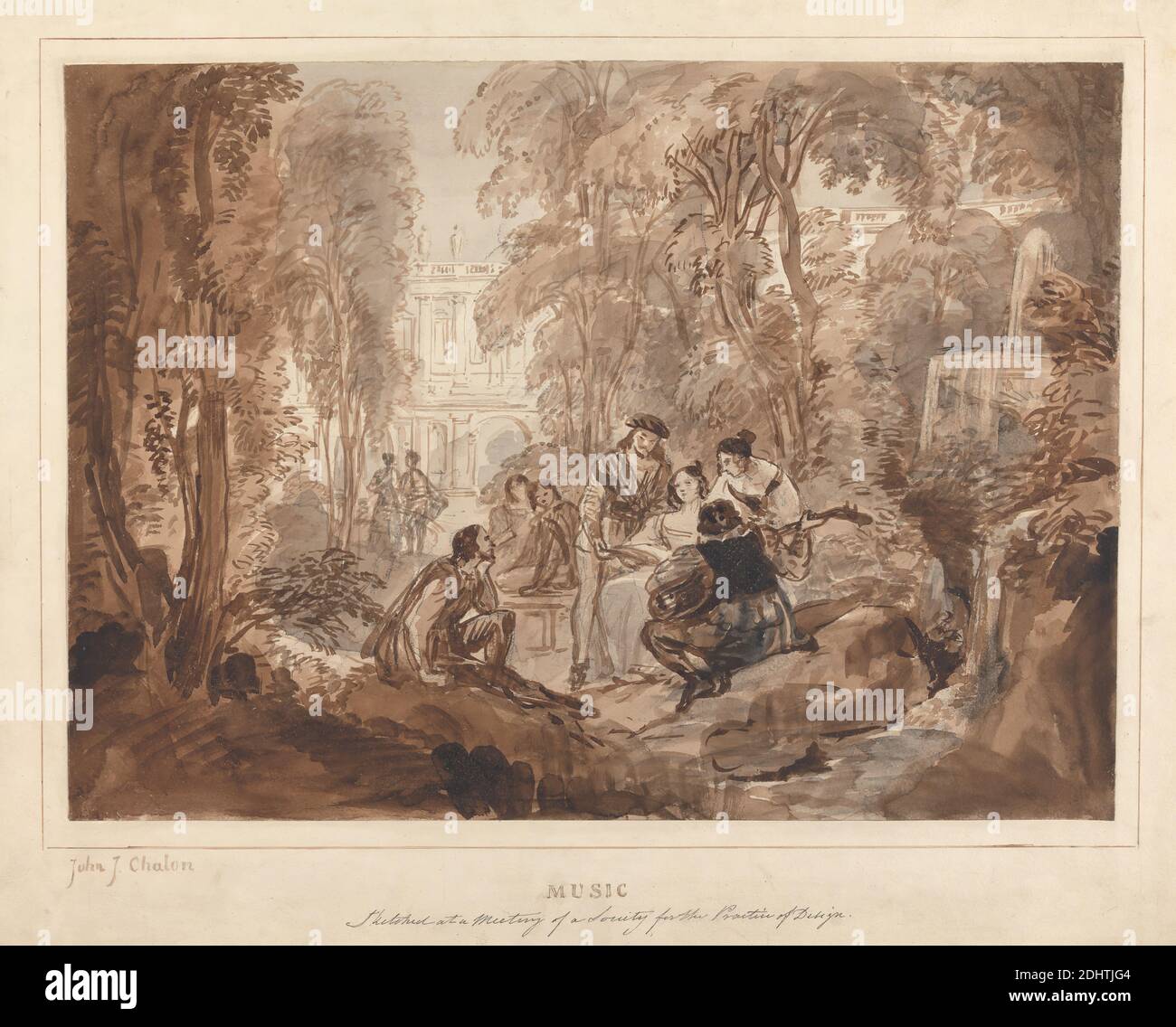 Musique : composition dans un jardin, John James Chalon, 1778–1854, français, actif en Grande-Bretagne, ca. 1832, lavage brun et gris, graphite sur papier à feuilles de véh crème, moyennement épais, texturé, feuille : 12 3/4 × 17 5/8 pouces (32.4 × 44.8 cm) et support : 16 11/16 × 20 11/16 pouces (42.4 × 52.5 cm) Banque D'Images