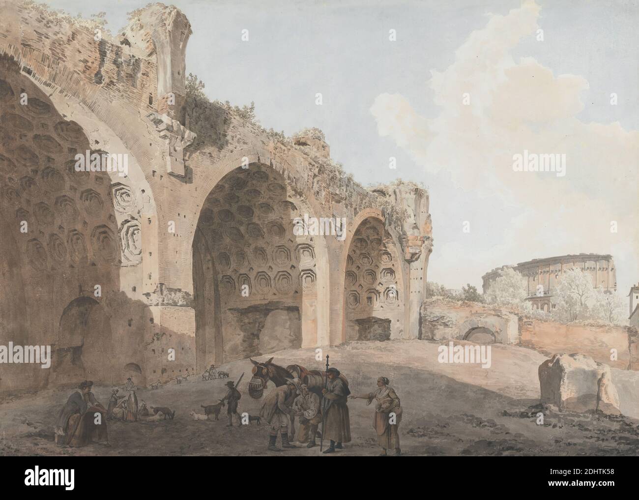 Ruines de la Basilique de Maxentius dans le Forum romain, Abraham Louis Rodolphe Ducros, 1748–1810, Suisse, 1779, Aquarelle avec stylo et encre noire sur graphite sur papier ponté, feuille : 20 7/8 x 29 1/8 pouces (53 x 74 cm), arches, sujet architectural, architecture, Grand Tour, cheval (animal), paysage, hommes, ruines, Rome Banque D'Images