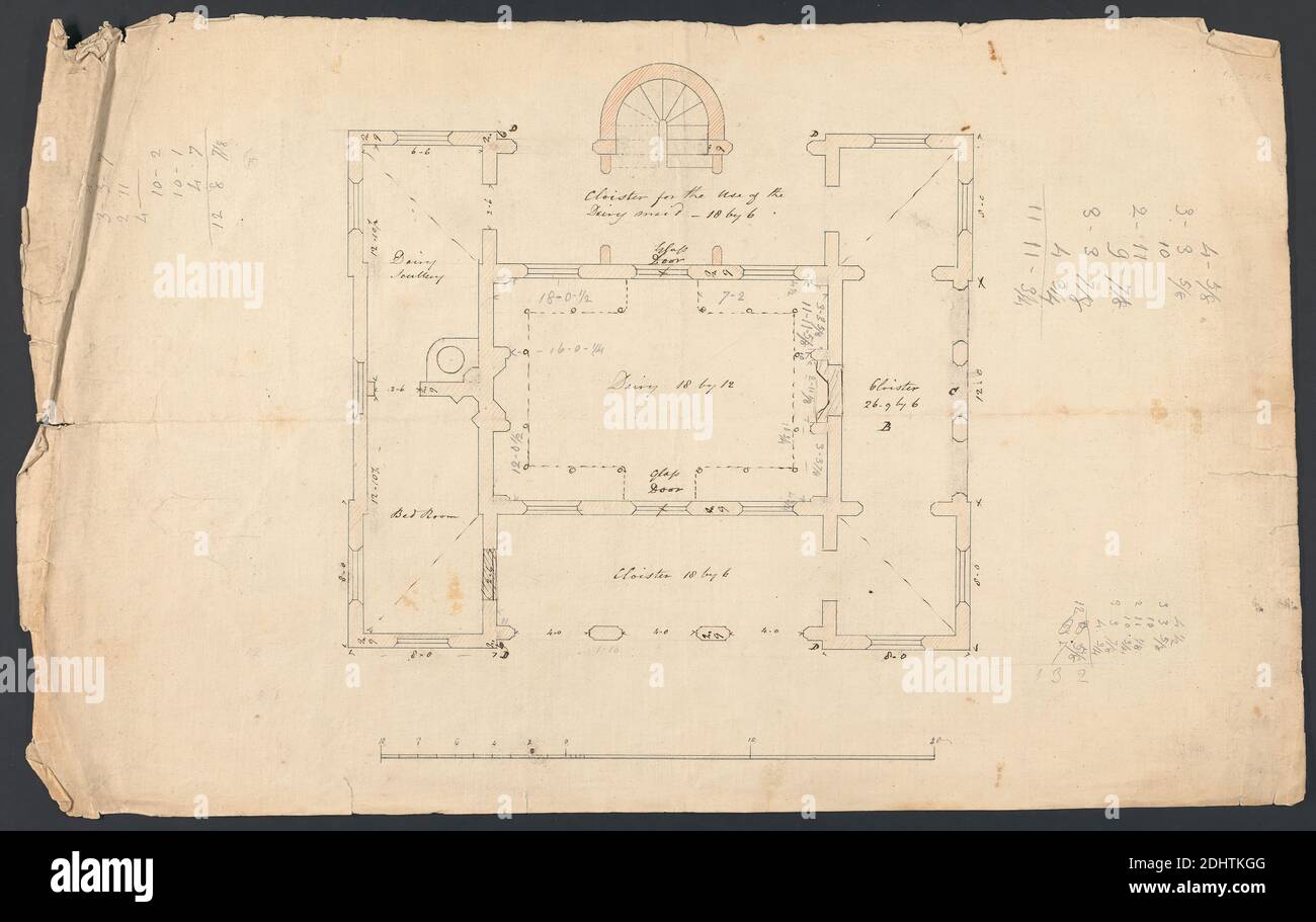 Cobham Hall, Kent: Plan of Dairy, James Wyatt, 1746–1813, British, 1795, Graphite, stylo et encre noire et aquarelle sur papier légèrement épais, modérément texturé, beige, feuille : 13 5/8 x 21 7/8 pouces (34.6 x 55.6 cm), sujet architectural, chambres, cloître, laiteries (non mécanisées), maids, plans (dessins), chableries, Cobham, Cobham Hall, Angleterre, Kent, Royaume-Uni Banque D'Images