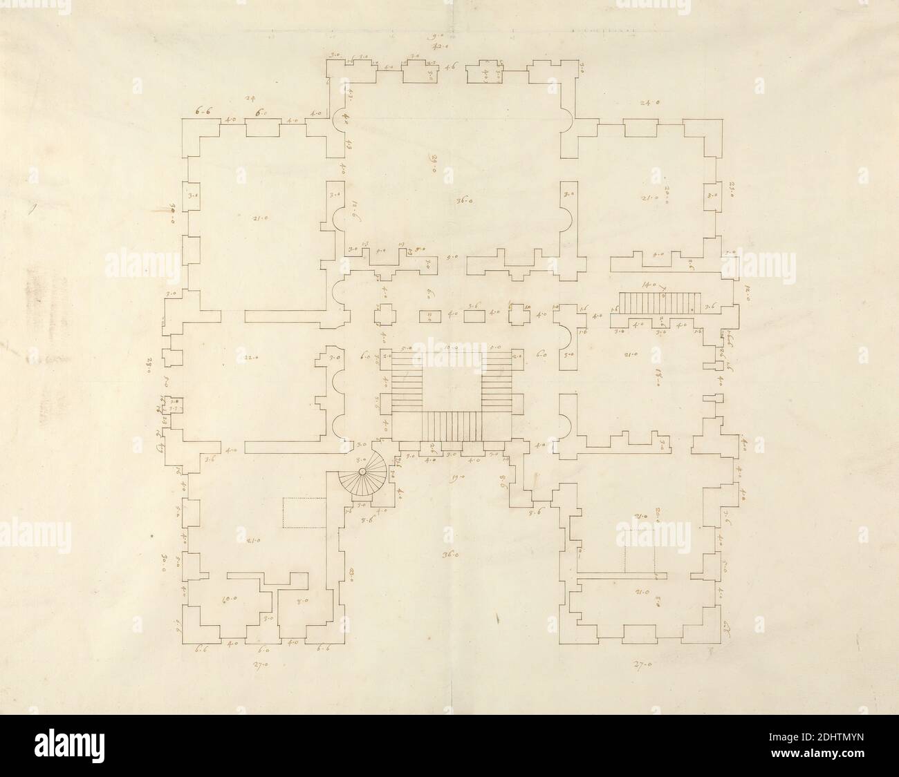 Kings Weston, Bristol: Plan du rez-de-chaussée, sir John Vanbrugh, 1664–1726, British, ca. 1710, stylo et encre brune sur moyenne, légèrement texturée, blanc barre de papier vélin échelle de 1/8 pouces à 1 pied, feuille: 14 9/16 x 18 9/16 pouces (37 x 47.1 cm), sujet architectural, baroque, maison de campagne, plans d'étage, Palladien, Bristol Banque D'Images