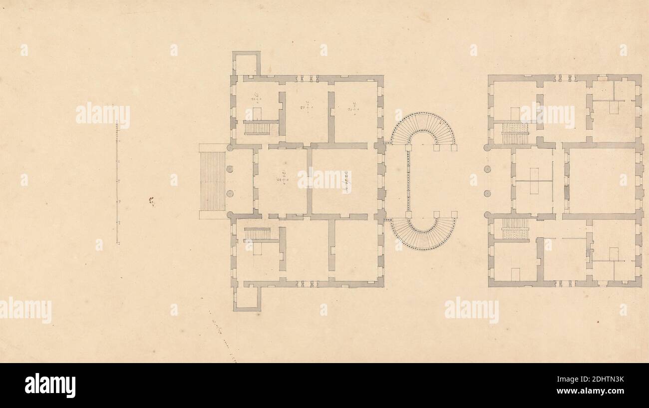 Lowther House, Westmorland: Plan principal et plan du premier étage, Colen Campbell, 1676–1729, British, entre 1718 et 1729, Graphite, stylo et encre noire, lavage gris, à l'intérieur de la bordure à trois lignes sur une échelle moyenne, légèrement texturée, de barre de papier crème de 1/20 pouces à 1 pied, feuille: 18 7/16 x 11 1/4 pouces (46.8 x 28.6 cm), sujet architectural, dessins, plans d'étage, maison, Palladien Banque D'Images