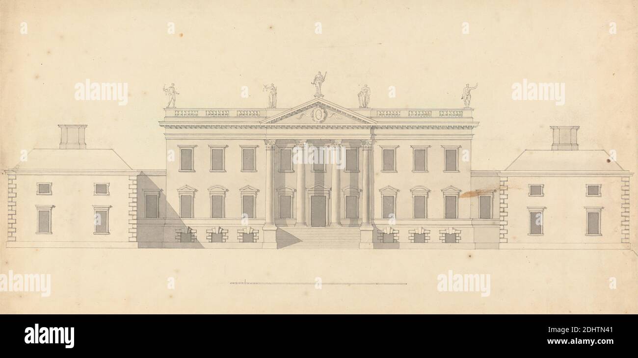 Lowther House, Westmorland : élévation du front de la cour, Colen Campbell, 1676–1729, Britannique, entre 1718 et 1729, Graphite, stylo et encre noire, lavage gris, à l'intérieur d'une bordure à triple règle sur une échelle moyenne, légèrement texturée, en papier crème, échelle de 1/11 pouces à 1 pied, feuille : 13 7/8 x 20 13/16 pouces (35.2 x 52.9 cm), sujet architectural, maison de campagne, Palladien Banque D'Images