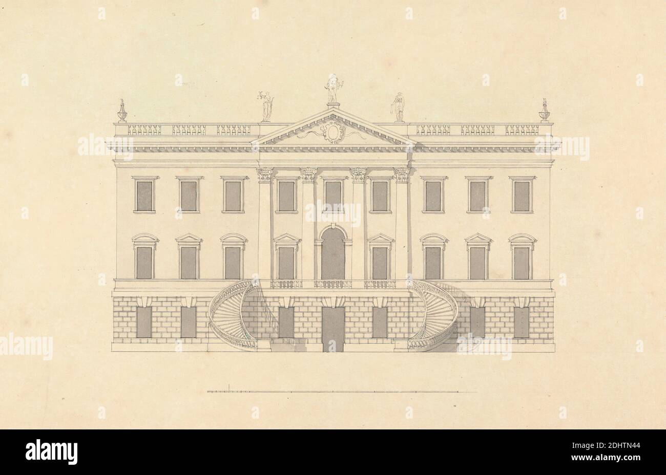 Lowther House, Westmorland : élévation du front de jardin, Colen Campbell, 1676–1729, British, entre 1718 et 1729, Graphite, stylo et lavage à l'intérieur d'une bordure à triple règle sur une barre de papier moyenne, légèrement texturée, crème échelle de 1/11 pouces à 1 pied, feuille : 13 7/8 x 20 13/16 pouces (35.2 x 52.9 cm), sujet architectural, maison de campagne, Palladien, Lowther Banque D'Images