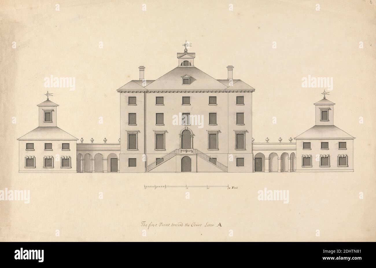 Whitton House, Middlesex : élévation du front de la cour, Roger Morris, 1695–1749, Britannique, entre 1732 et 1739, Graphite, stylo et encre noire et lavage gris sur papier légèrement épais, légèrement texturé, crème échelle de barre de papier de 1/10 pouces à 1 pied, feuille : 12 3/8 x 18 3/8 pouces (31.4 x 46.7 cm), sujet architectural, maison de campagne, vue extérieure, Angleterre, Europe, Middlesex, Royaume-Uni Banque D'Images