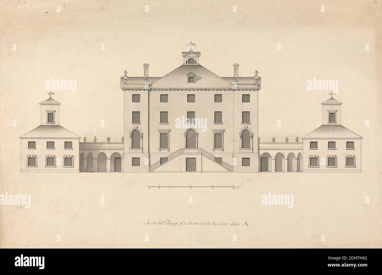Whitton House, Middlesex : élévation du front de la cour, Roger Morris, 1695–1749, Britannique, entre 1732 et 1739, Graphite, stylo et encre noire et lavage gris sur papier moyennement texturé, beige, échelle de barres de papier de 1/10 pouces à 1 pied, feuille : 11 7/8 x 18 3/16 pouces (30.2 x 46.2 cm), sujet architectural, maison de campagne, vue extérieure, Angleterre, Europe, Middlesex, Royaume-Uni Banque D'Images
