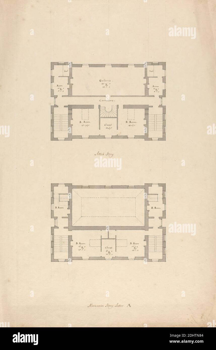 Whitton House, Middlesex : plans d'étage mezzanine et Attic, Roger Morris, 1695–1749, British, entre 1732 et 1739, Graphite, stylo et encre noire et lavage gris sur papier blanc moyen, légèrement texturé, à une échelle de 1/10 pouces à 1 pied, feuille : 18 7/16 x 12 7/16 pouces (46.8 x 31.6 cm), sujet architectural, grenier (espace intérieur), maisons de campagne, plan d'étage, vue intérieure, mezzanine, Angleterre, Europe, Middlesex, Royaume-Uni Banque D'Images