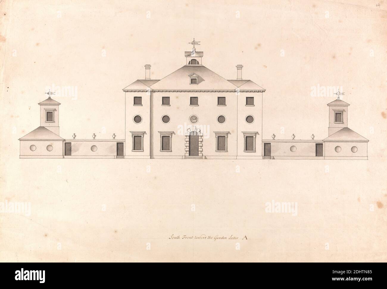 Whitton place, Middlesex : élévation du front du jardin, Roger Morris, 1695–1749, British, entre 1732 et 1739, Graphite, stylo et encre noire, et lavage gris sur papier moyennement texturé, crème, à une échelle de 1/10 pouces à 1 pied, feuille : 12 3/8 x 18 pouces (31.4 x 45.7 cm), sujet architectural, maison de campagne, Middlesex Banque D'Images
