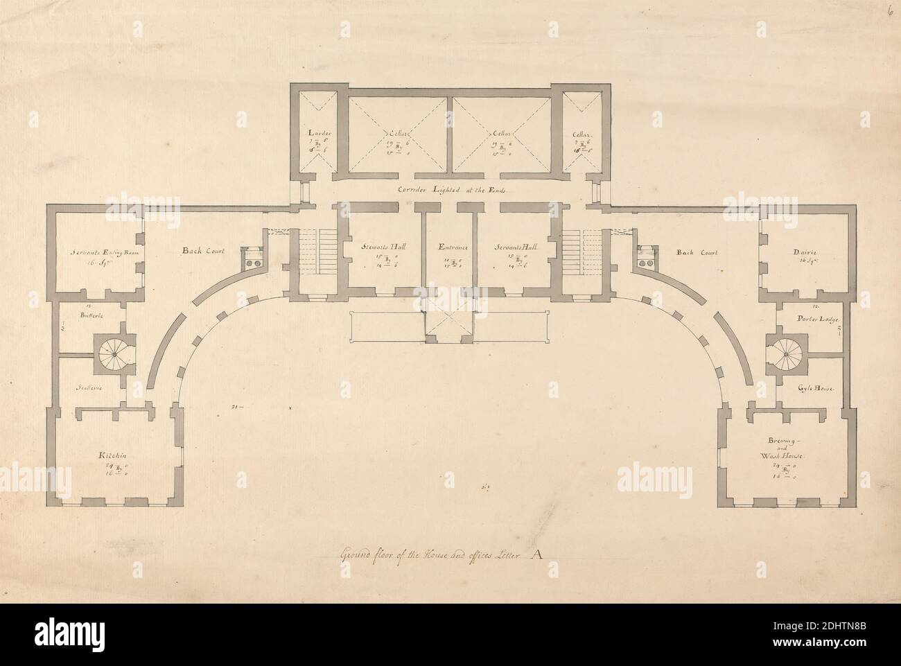 Whitton House, Middlesex : Plan du rez-de-chaussée, Roger Morris, 1695–1749, British, entre 1732 et 1739, Graphite, stylo et encre noire et lavage gris sur papier blanc moyen, légèrement texturé, à une échelle de 1/10 pouces à 1 pied, feuille : 12 3/8 x 18 3/16 pouces (31.4 x 46.2 cm), sujet architectural, maisons de campagne, plan d'étage, vue intérieure, Angleterre, Europe, Middlesex, Royaume-Uni Banque D'Images