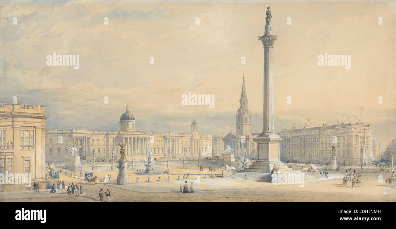 Plan proposé pour Trafalgar Square, George Belton Moore, 1805–1875, British, 1841, gouache d'aquarelle et blanche sur graphite et lavage brun sur papier épais, légèrement texturé, beige, feuille : 10 13/16 x 21 1/16 pouces (27.5 x 53.5 cm), sujet architectural, balcons, bâtiments, affaires, voitures, enfants, paysage urbain, clôtures, fontaines, gardes, chevaux (animaux), femmes, hommes, classe moyenne, monument, nobles, patrouilleurs, piétons, plans, sculptures, ciel, soldats, place, escaliers, rues, marche, femmes, ville de Westminster, Angleterre, Grand Londres, Trafalgar Square, Royaume-Uni Banque D'Images