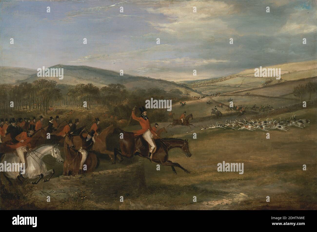 The Berkeley Hunt, 1842 : Full Cry, Francis Calcraft Turner, active 1782–1846, British, 1842, Oil on Canvas, support (PTG) : 16 x 24 pouces (40.6 x 61 cm), animaux, culottes, bride, chasse, chiens (animaux), champ, collines, chiens (chiens), chasseurs, chasse, paysage, maître, hommes, montagnes, fête, chemin, bottes d'équitation, équitation, route, course à pied, selle, art sportif, sportifs, top chapeaux, femmes, Berkeley, Angleterre, Gloucestershire, Royaume-Uni Banque D'Images