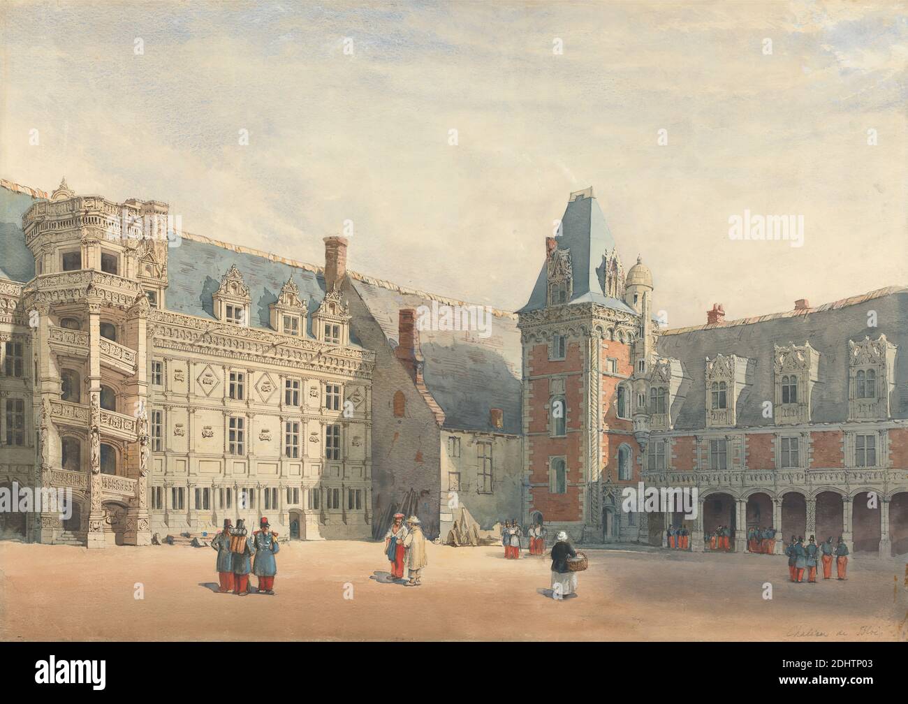 Le Château de Blois, attribué à Thomas Shotter Boys, 1803–1874, britannique, non daté, aquarelle avec stylo à l'encre brune sur graphite avec gouache sur papier de vélin crème modérément épais, modérément texturé, feuille : 18 x 25 5/16 pouces (45.7 x 64.3 cm), arches, sujet architectural, architecture, arcades, paniers, bâtiments, cheminées (éléments architecturaux), château, cour, portes, chapeaux, hommes, personnes, ciel, soldats, escalier, marches, uniformes, fenêtres, femmes, Blois, Château de Blois, Europe, France, Loir-et-cher, Vallée de la Loire Banque D'Images