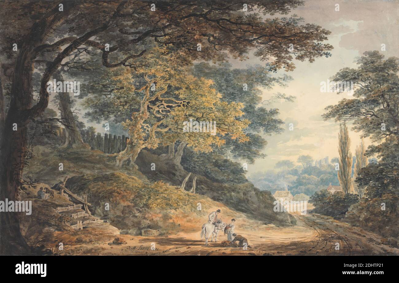 Une vue dans une allée près de Hampstead, Dominic M. Serres, c.1761–1804, 1801, aquarelle à l'encre brune et noire, avec gouache sur graphite sur papier à feuilles de vélin texturé, moyennement épais, crème, feuille: 17 3/8 × 26 11/16 pouces (44.1 × 67.8 cm) et support: 21 5/8 × 79.4 cm (31 1/4 × 54.9 pouces) Banque D'Images