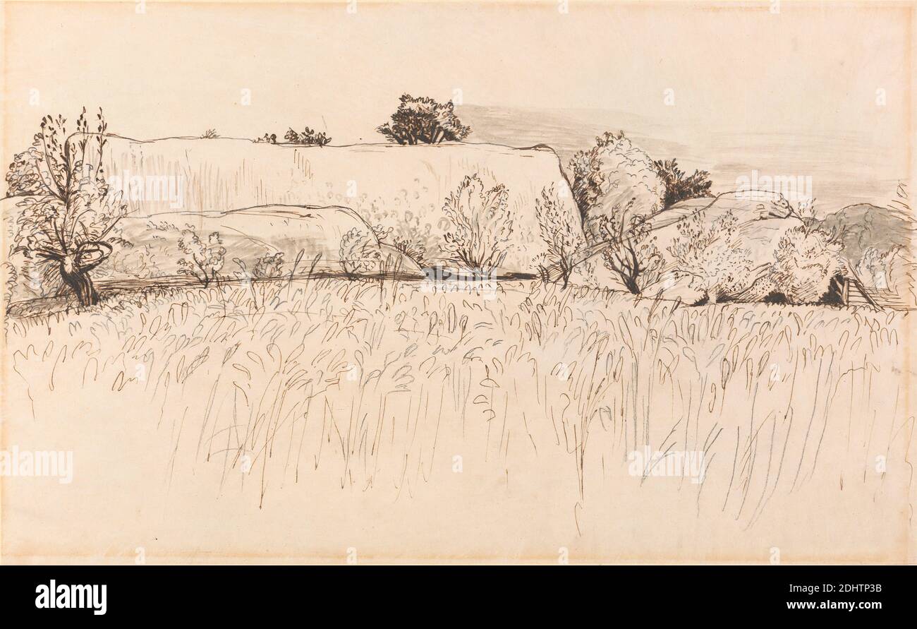 Cornfields avec Barn, Shoreham, Samuel Palmer, 1805–1881, britannique, active en Italie (1837–39), env. 1829, encre stylo et brune avec lavage gris sur graphite sur papier vélin moyen, lisse, crème, feuille: 7 7/8 x 13 pouces (20 x 33 cm), grange, champs de maïs, ferme, paysage, Angleterre, Europe, Kent, Shoreham, Royaume-Uni Banque D'Images