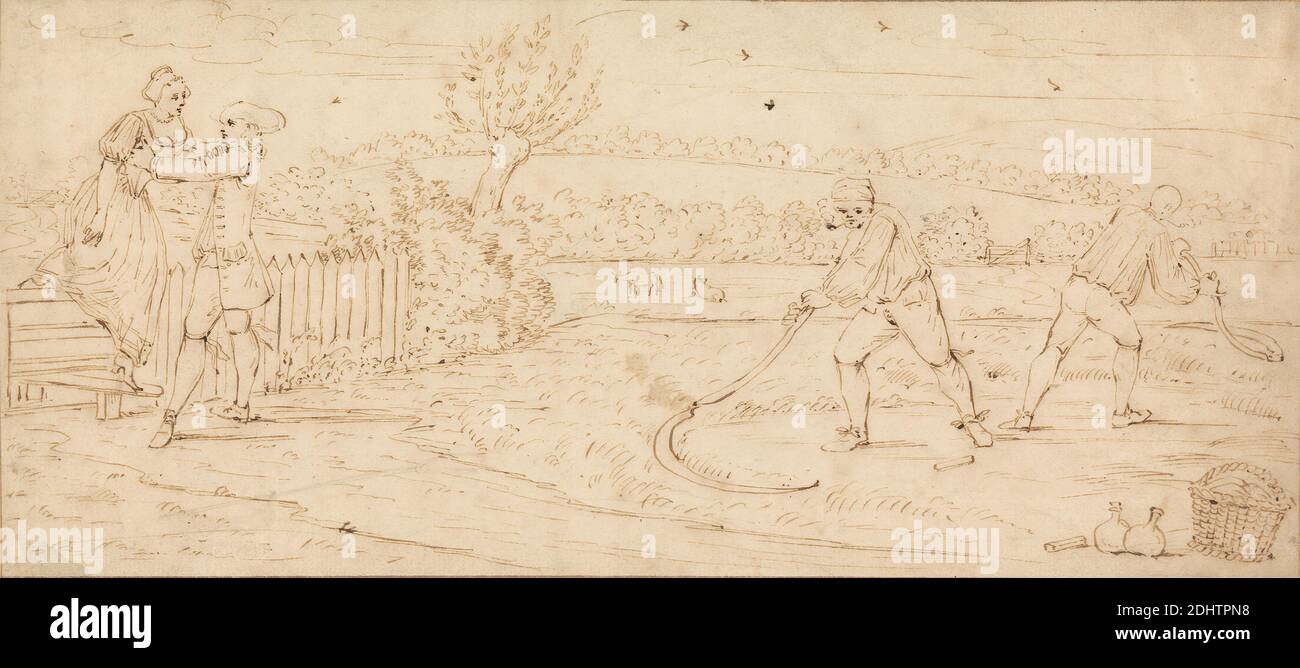 A Country Stile, Thomas Burford, ca. 1710–après 1774, britannique, env. 1710, encre de plume et brune sur papier beige, moyen, légèrement texturé, feuille: 6 1/8 × 13 5/8 pouces (15.6 × 34.6 cm), panier, bétail, pays (paysage rural), couples, agriculteurs, clôture, genre sujet, scythes, fumer, stiles (escaliers), arbres Banque D'Images