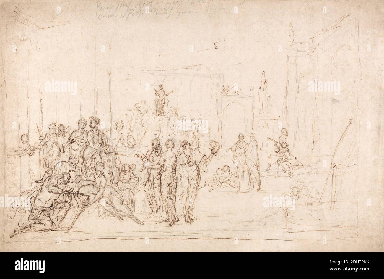 Apollo and the Muses, sir James Thornhill, 1675–1734, anglais, non daté, encre de plume et brune sur graphite sur papier moyen, légèrement texturé, crème, feuille: 8 5/8 x 12 15/16 pouces (21.9 x 32.9 cm), sujet architectural, dessin, figures (représentations), globes (sphères cartographiques), musique, mythologie, sujet religieux et mythologique, statues Banque D'Images