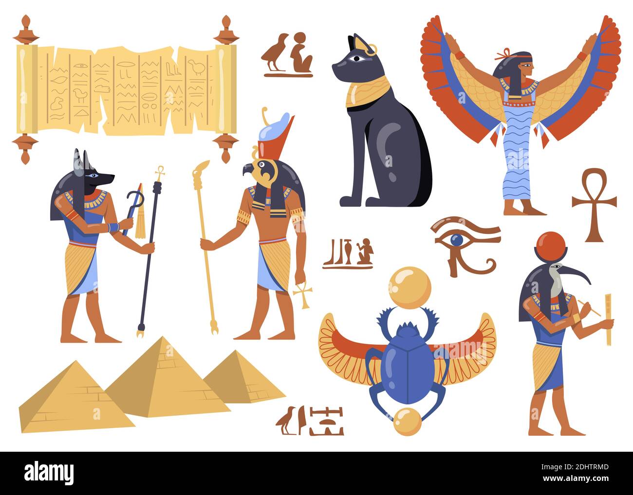 Jeu De Personnages Mythologiques Egyptiens Symboles De L Egypte Antique Chat Iris Papyrus Divinites Avec Les Tetes D Oiseaux Et D Animaux Sacer De Scarabaeus Pyramides Pour Salut Image Vectorielle Stock Alamy
