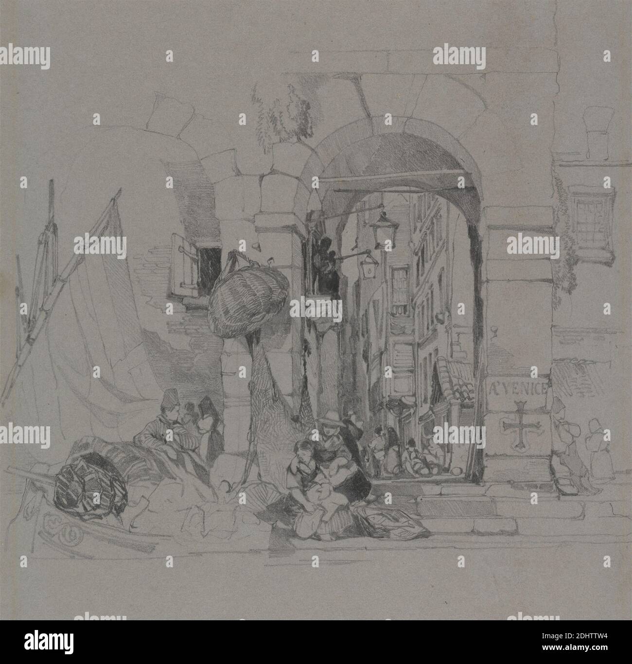 À Venise, William James Muller, 1812–1845, British, ca. 1834, Graphite sur papier vélin gris modérément épais, modérément texturé, feuille: 17 11/16 x 11 7/16 pouces (44.9 x 29.1 cm), genre sujet, Grand Tour, filets, navire, rue, Italie, Venise Banque D'Images