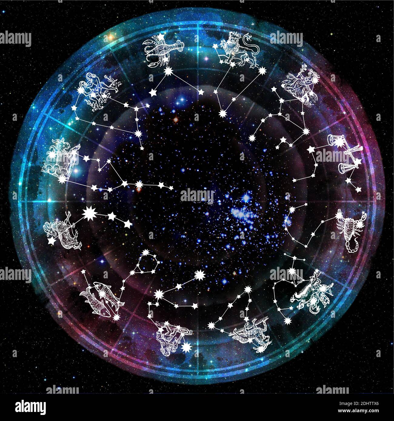 roue d'astrologie avec tous les signes du zodiaque et constellations Banque D'Images