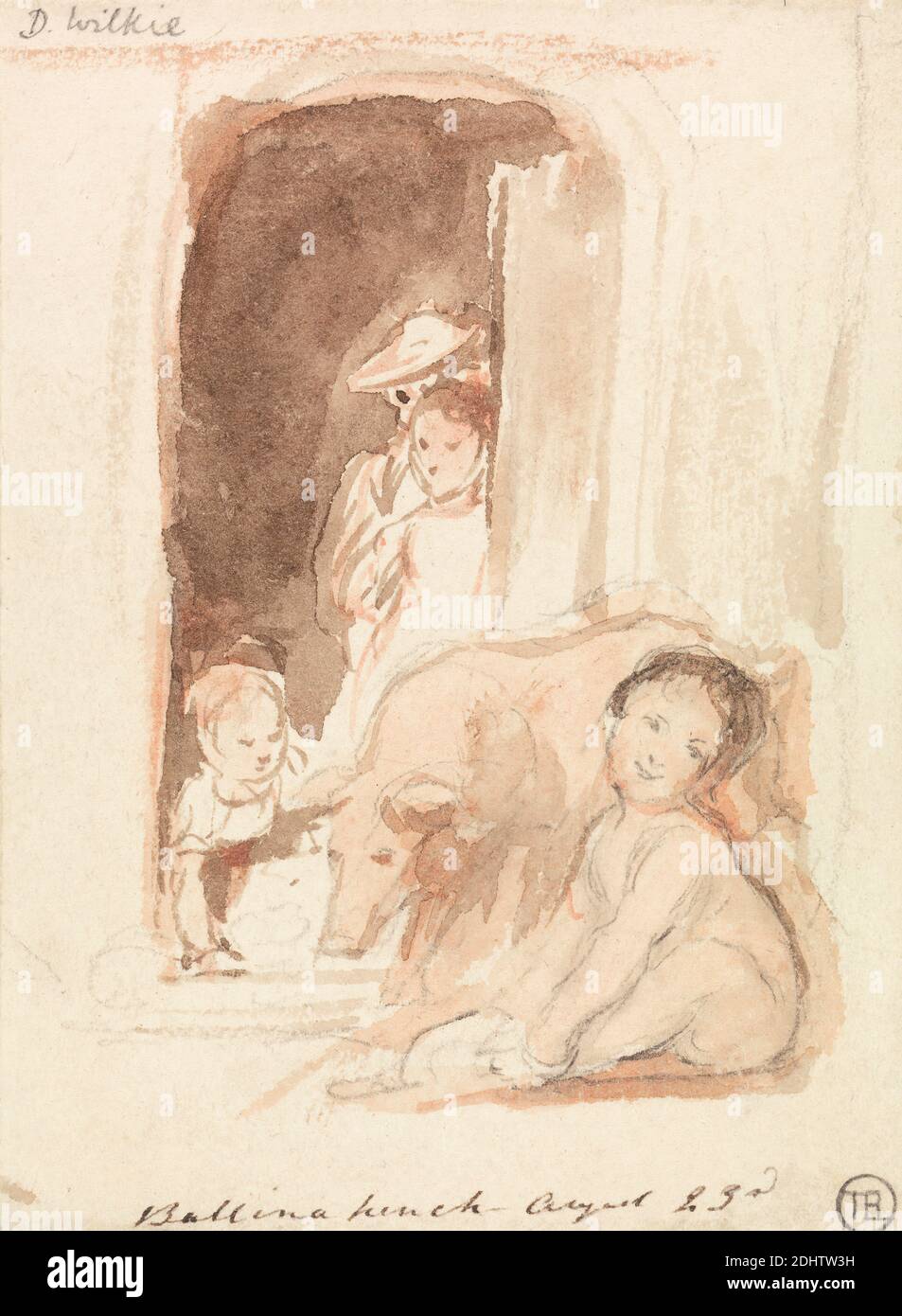 Enfants avec cochon à une porte à Ballynahinch, Irlande, Sir David Wilkie, 1785–1841, britannique, 1835, aquarelle sur graphite sur papier de vélin crème légèrement texturé, moyennement épais, feuille : 4 3/4 x 3 1/2 pouces (12.1 x 8.9 cm), agriculture, animaux, bébé, enfants, porte, ferme, genre sujet, bétail, paysans, cochons, rural, Ballynahinch, Connacht, Europe, Galway, Irlande Banque D'Images
