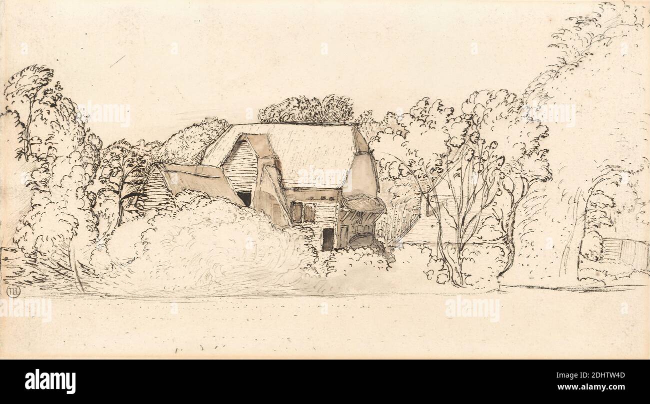 Une ancienne Grange à Shoreham, Samuel Palmer, 1805–1881, britannique, active en Italie (1837–39), non datée, encre de plume et noire, lavage gris, lavage brun, et graphite sur papier à feuilles de vélin moyennement texturées, moyennement épaisses, crème, feuille : 6 1/8 × 11 pouces (15.6 × 27.9 cm), ancienne, grange, maison, paysage, arbres, Angleterre, Europe, Kent, Shoreham, Royaume-Uni Banque D'Images