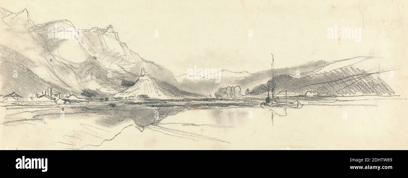 Sur le Rhin, William James Muller, 1812–1845, British, 1834, Graphite sur moyen, légèrement texturé, crème, papier vélin, feuille: 4 1/16 x 10 7/8 pouces (10.3 x 27.6 cm), montagnes, rivière, Rhin Banque D'Images
