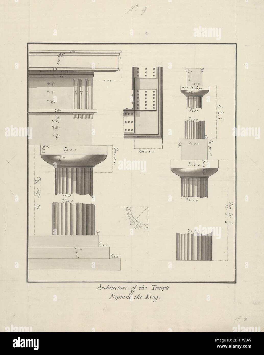 N° 9 architecture du temple de Neptune le Roi, James Bruce, 1730–1794, British, non daté, stylo et encre noire avec lavage gris sur graphite sur papier crème, moyen, légèrement texturé, feuille : 14 3/4 x 11 7/8 pouces (37.5 x 30.2 cm), sujet architectural, colonnes (éléments architecturaux), ordre dorique, entablature, temples, Paestum Banque D'Images