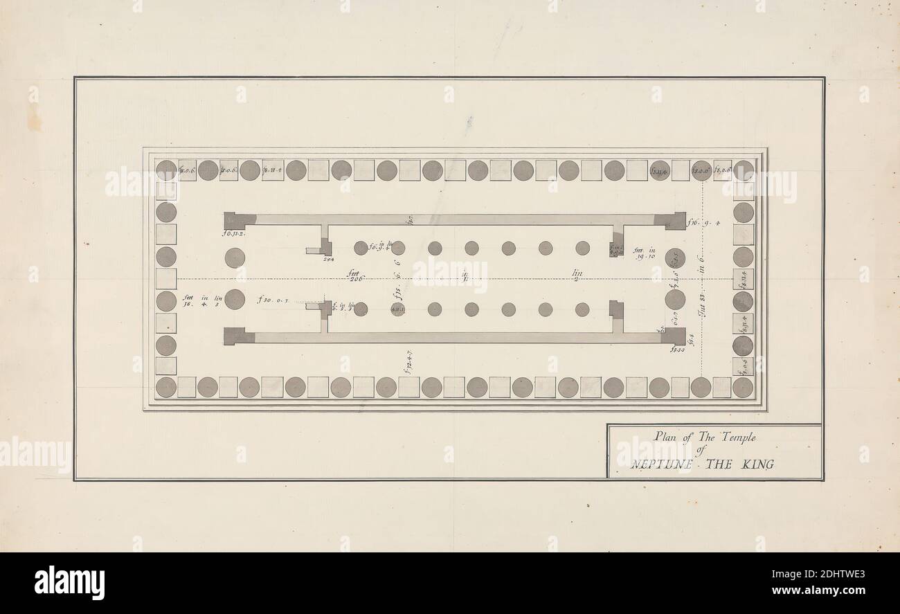 Plan du Temple de Neptune le Roi, James Bruce, 1730–1794, British, non daté, stylo et encre noire avec lavage gris sur graphite sur papier crème moyen, légèrement texturé, feuille : 11 13/16 x 19 1/8 pouces (30 x 48.6 cm), sujet architectural, colonnes (éléments architecturaux), plans d'étage, plans (dessins), temples, Paestum Banque D'Images