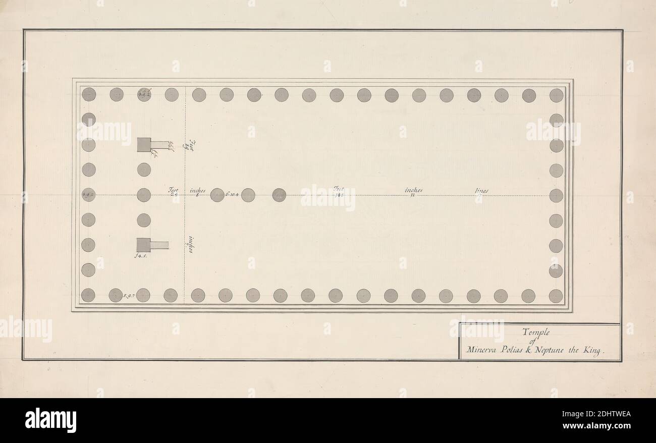 Plan du temple de Minerva Polias et Neptune le roi, James Bruce, 1730–1794, British, non daté, stylo et encre noire avec lavage gris sur graphite sur papier crème, moyennement texturé, feuille: 11 7/8 x 18 15/16 pouces (30.2 x 48.1 cm), sujet architectural, colonnes (éléments architecturaux), plans d'étage, plans (dessins), temples, Paestum Banque D'Images