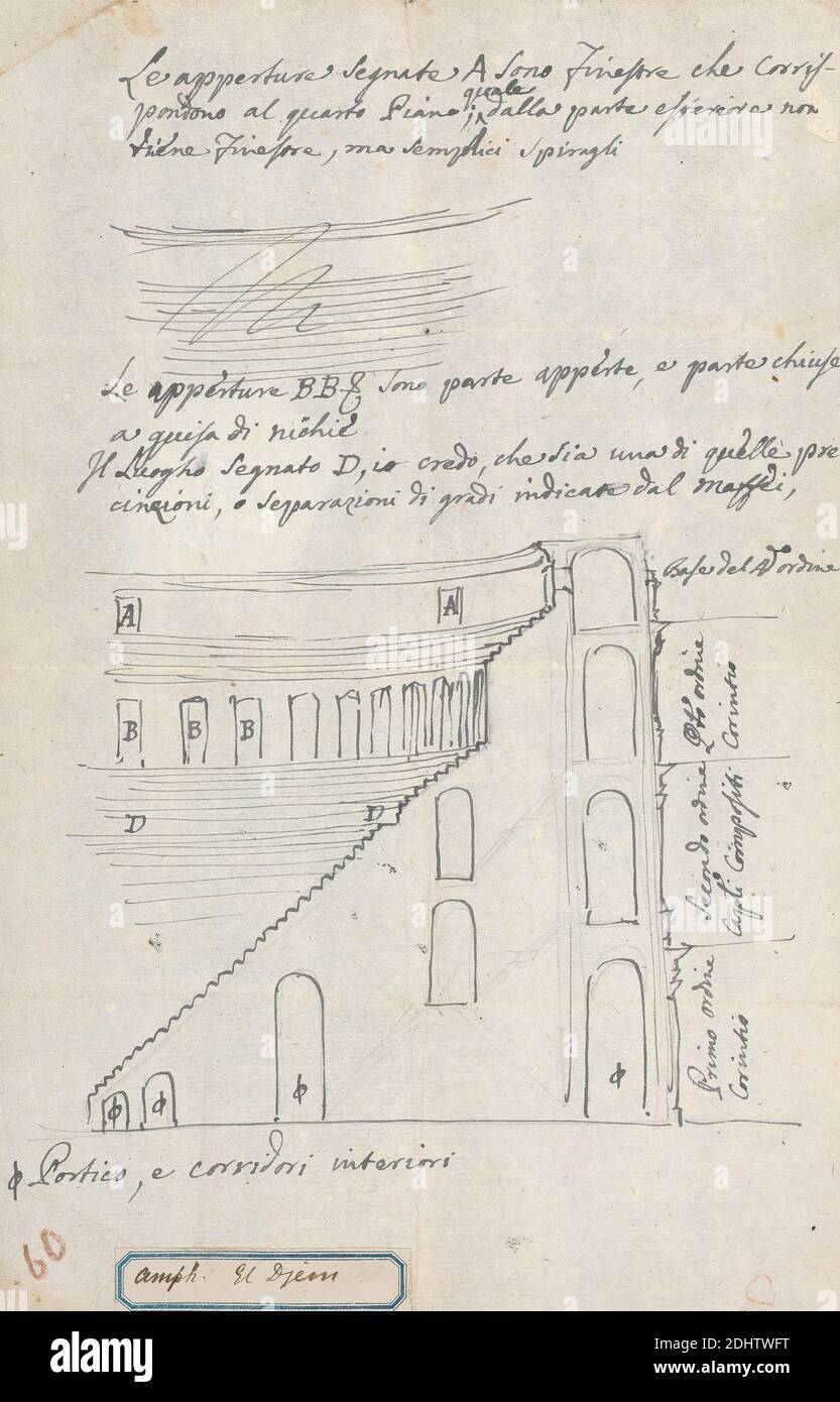Croquis de l'amphithéâtre d'El Djem montrant l'élévation et la section des arches et des niveaux de sièges avec des notes descriptives, James Bruce, 1730–1794, Britannique, non daté, Graphite, stylo et encre noire, crayon rouge sur papier fin, légèrement texturé, crème, feuille: 11 1/4 × 7 1/4 pouces (28.6 × 18.4 cm), sujet architectural Banque D'Images