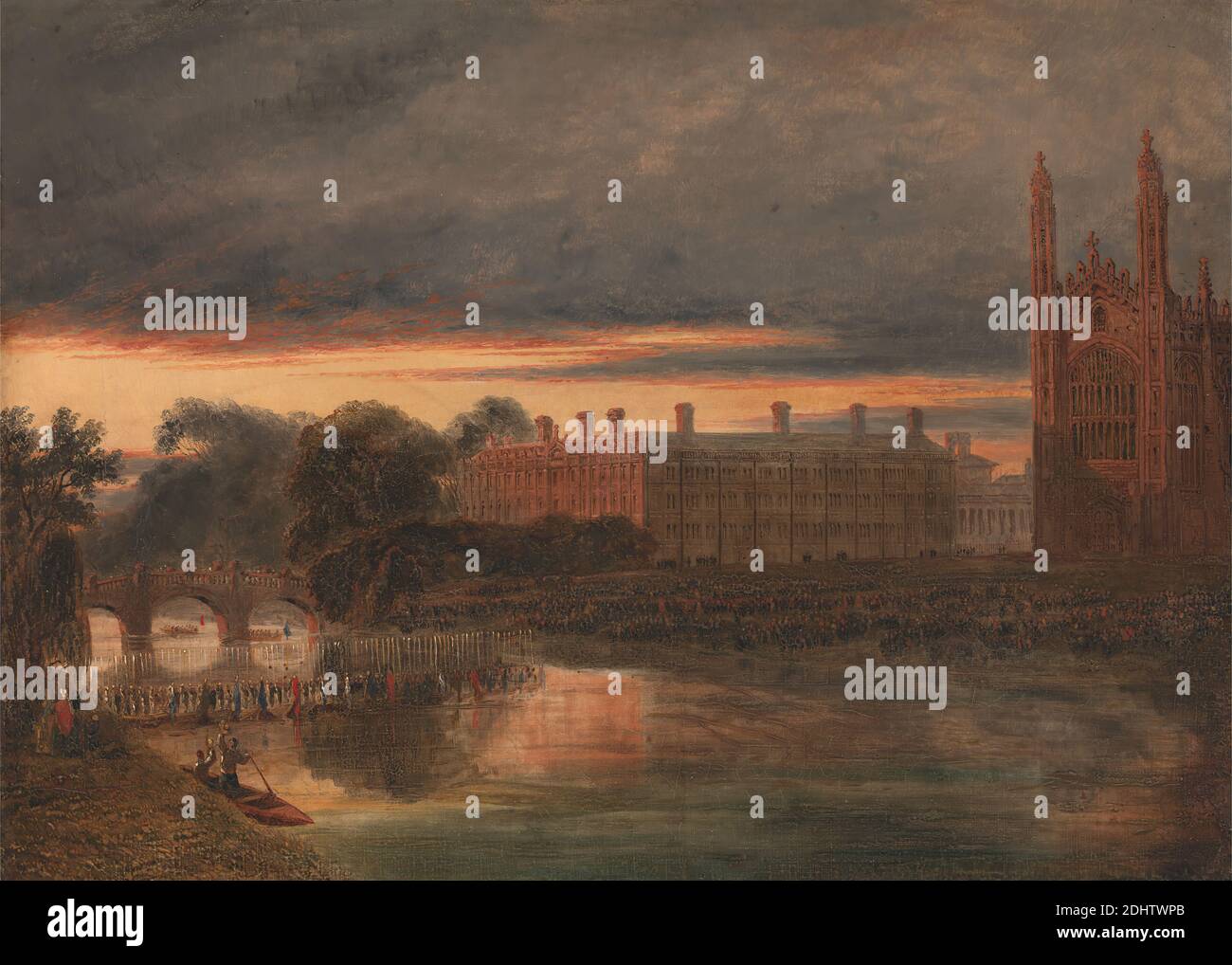 Procession de bateaux sur la rivière Cam au-dessous de Clare College, Cambridge, Richard Banks Harraden, 1778–1862, britannique, début du XIXe siècle, huile sur toile, support (PTG) : 15 1/2 x 24 1/2 pouces (39.4 x 62.2 cm), architecture, bateaux, bâtiments, nuages, foule, paysage, néo-Renaissance, procession, rivière, roman, romantique, horizon, coucher de soleil, eau, Cam, Cambridge, Cambridgeshire, Angleterre, Royaume-Uni Banque D'Images