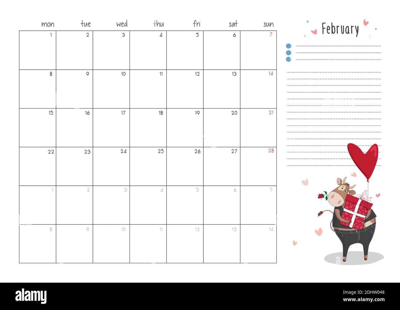 Page imprimable de planificateur A4 pour février 2021 avec un joli taureau, une vache ou un boeuf, le symbole de la nouvelle année 2021 selon le calendrier chinois. Prêt-à-p Illustration de Vecteur