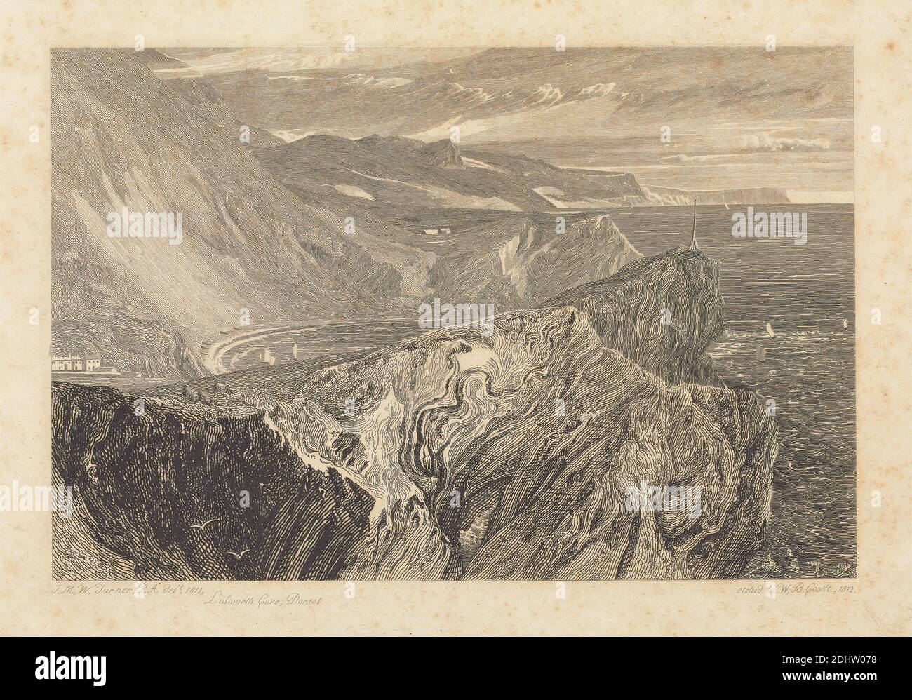 Lulworth Cove, Dorset, William Bernard Cooke, 1778–1855, British, d'après Joseph Mallord William Turner, 1775–1851, British, 1811-1812, gravure de ligne et gouache blanc, épreuve de gravure (tourée) sur papier à feuilles de papier épais, légèrement texturé, crème, feuille: 8 1/8 × 10 3/4 pouces (20.6 × 27.3 cm) et image: 5 3/4 × 21.9 cm (8 5/8 × 14.6 pouces) Banque D'Images